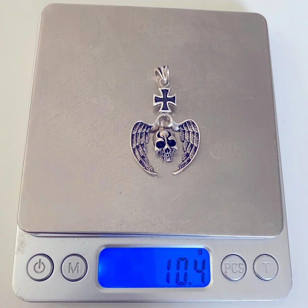 925 Silver skull angel wings pendant iron cross